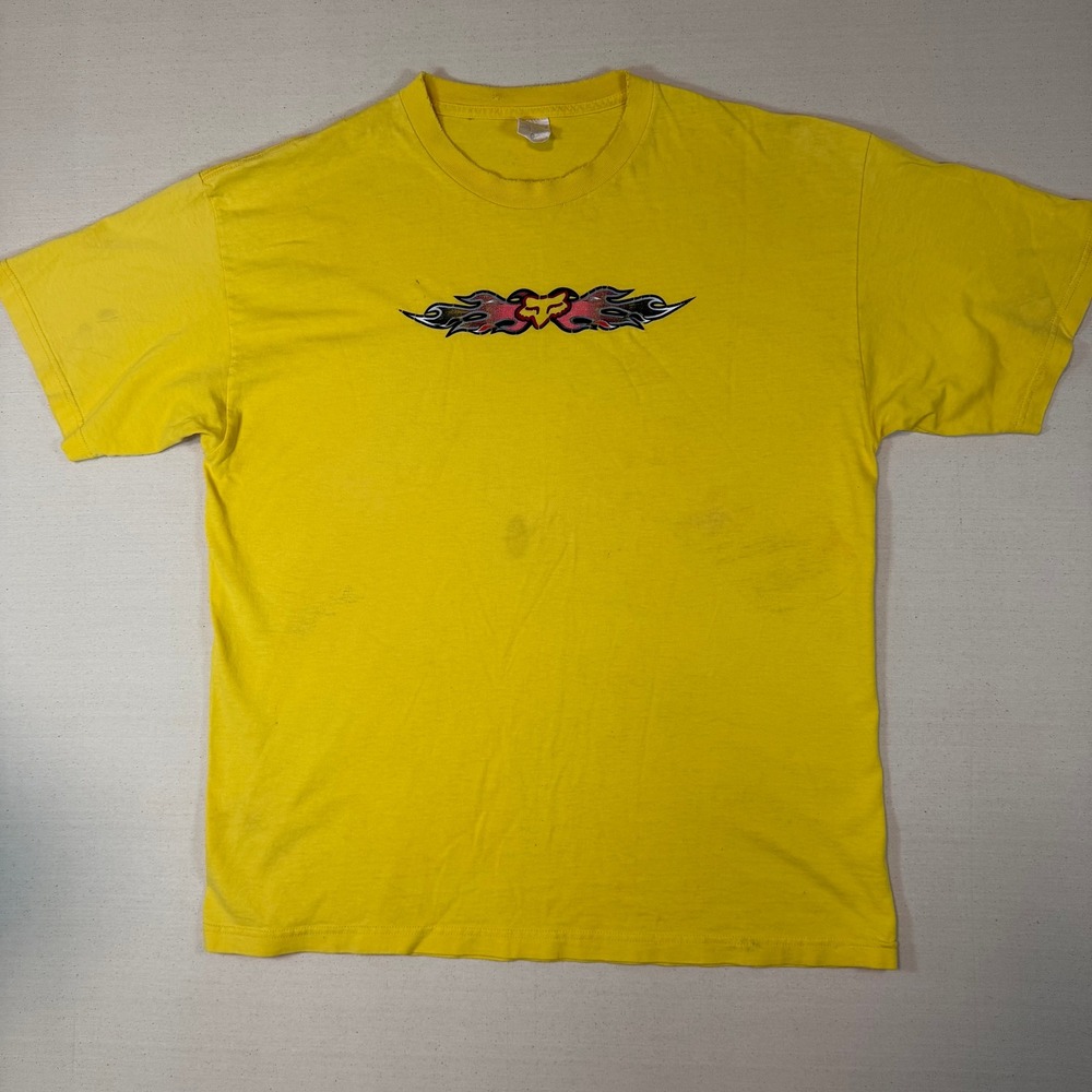 Vintage Fox Racing T Shirt Yellow Tribal Flame Graphic Motocross Y2K Mens XL